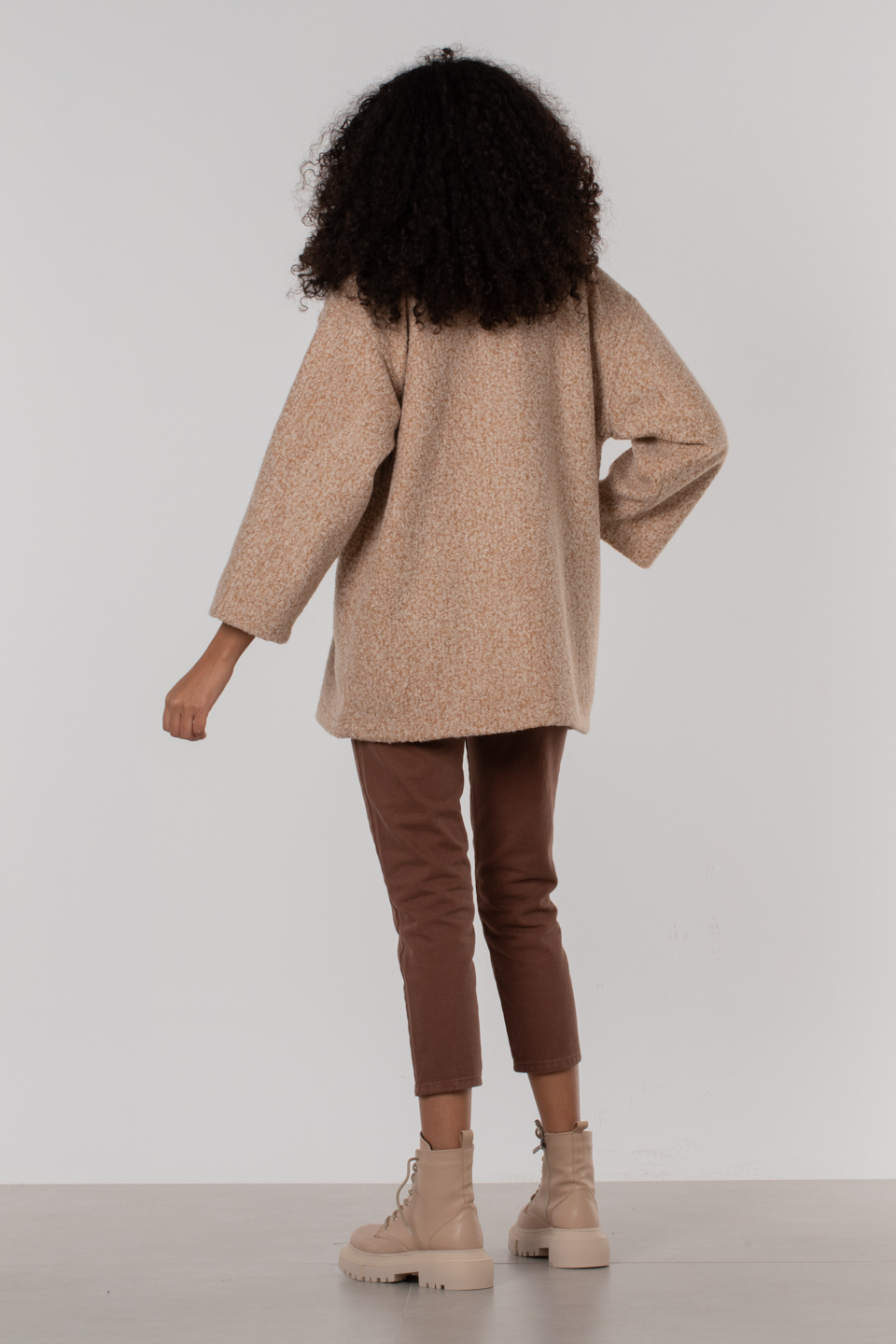 Kruvaze yaka kıvırcık kaban-50585 Camel