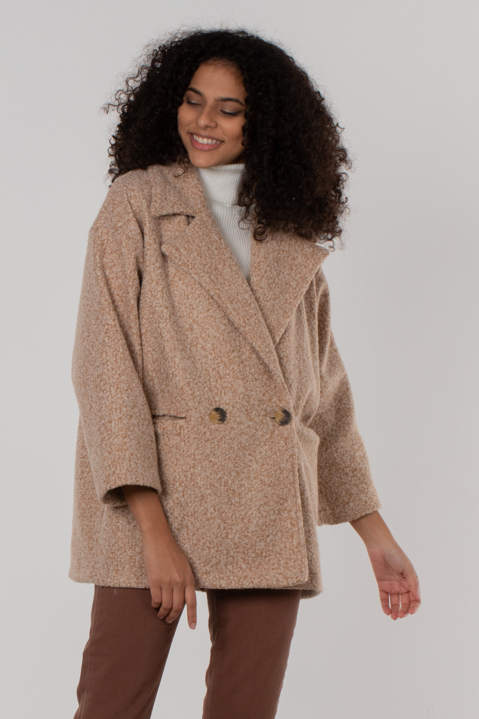 Kruvaze yaka kıvırcık kaban-50585 Camel