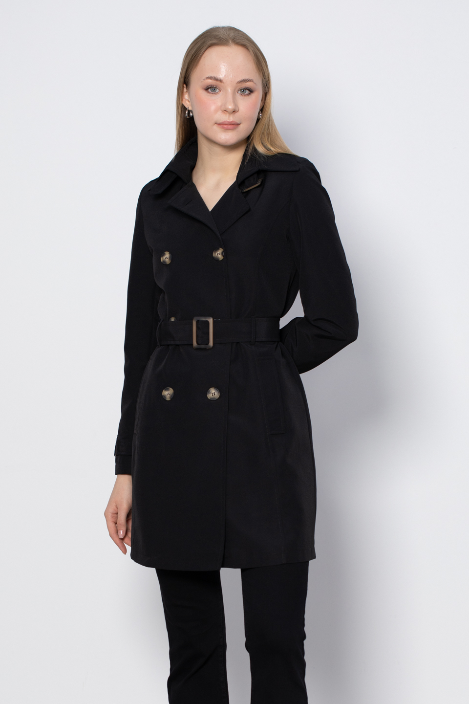 Kruvaze yaka kuşaklı midi trench-1021 Siyah