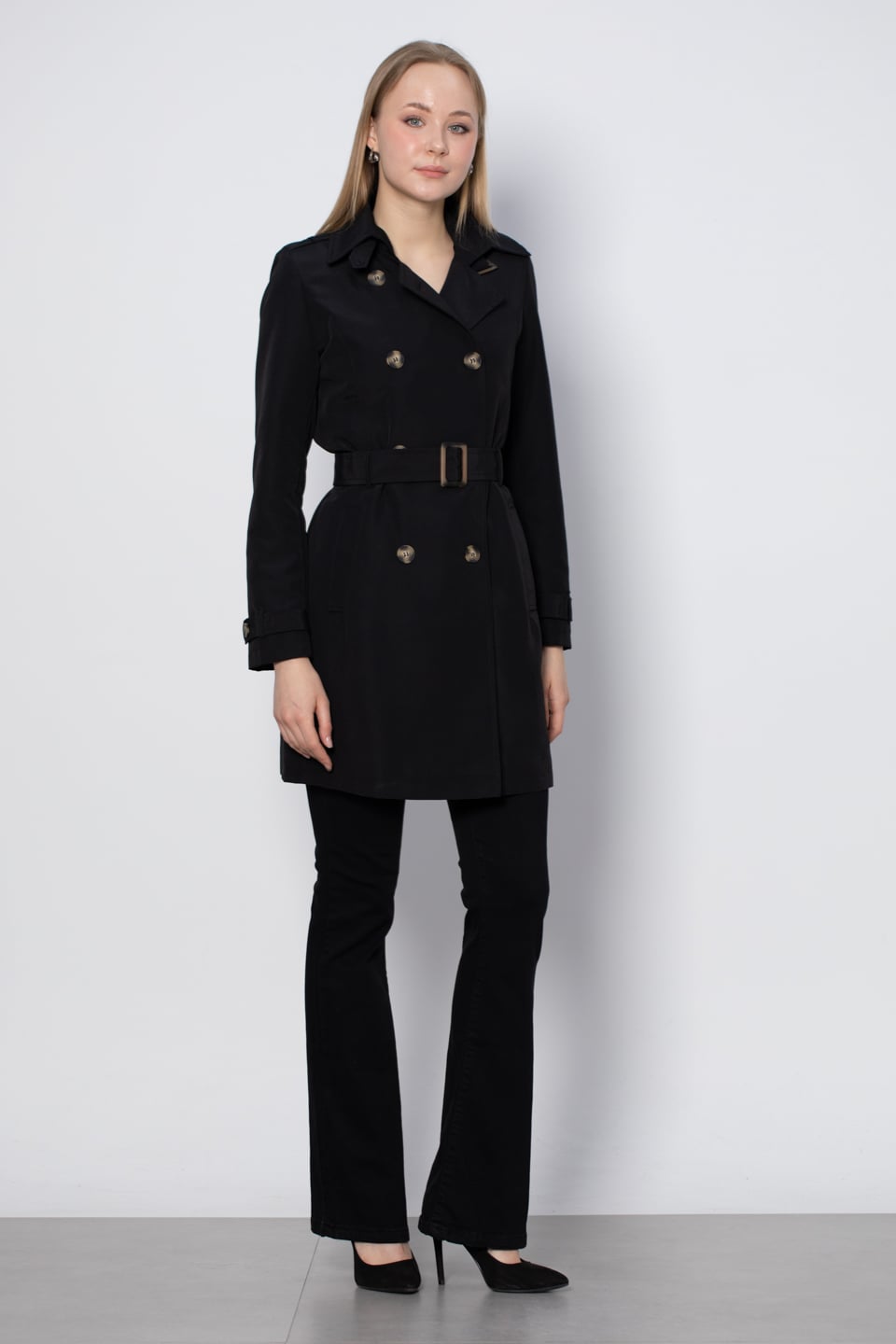 Kruvaze yaka kuşaklı midi trench-1021 Siyah