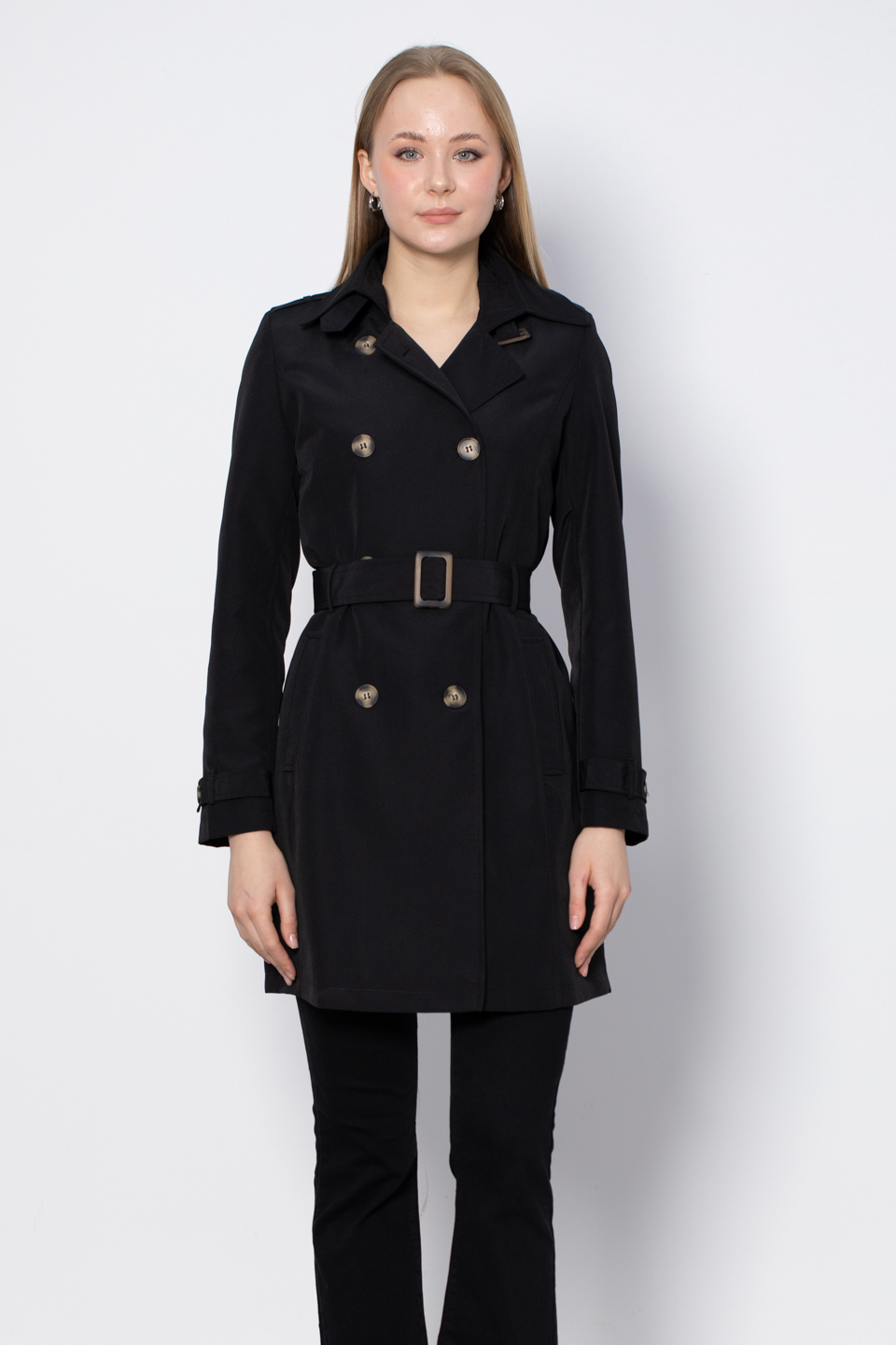 Kruvaze yaka kuşaklı midi trench-1021 Siyah