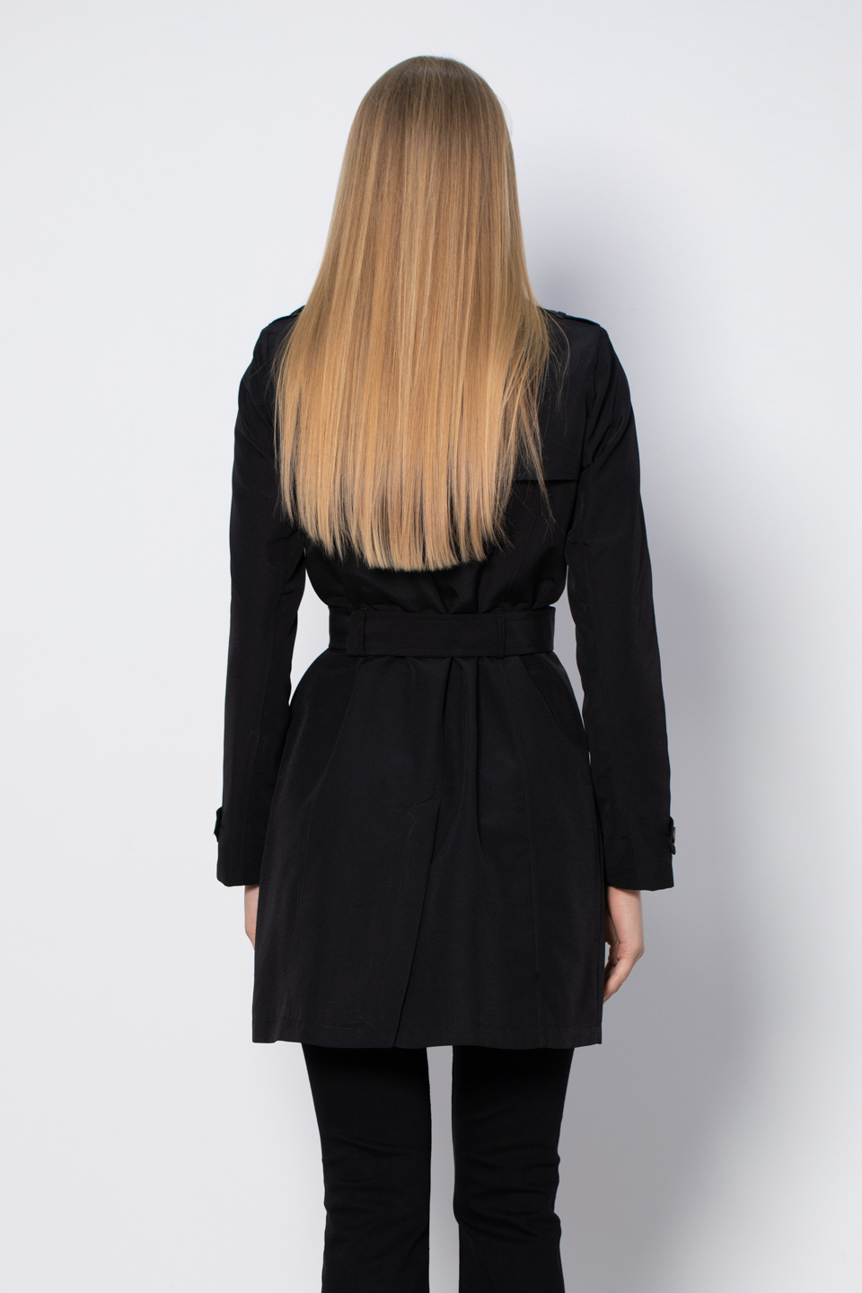 Kruvaze yaka kuşaklı midi trench-1021 Siyah