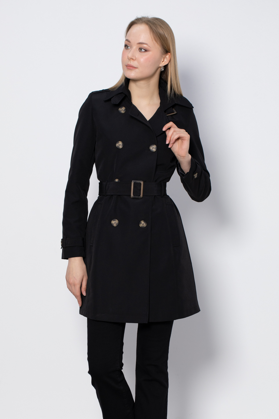 Kruvaze yaka kuşaklı midi trench-1021 Siyah