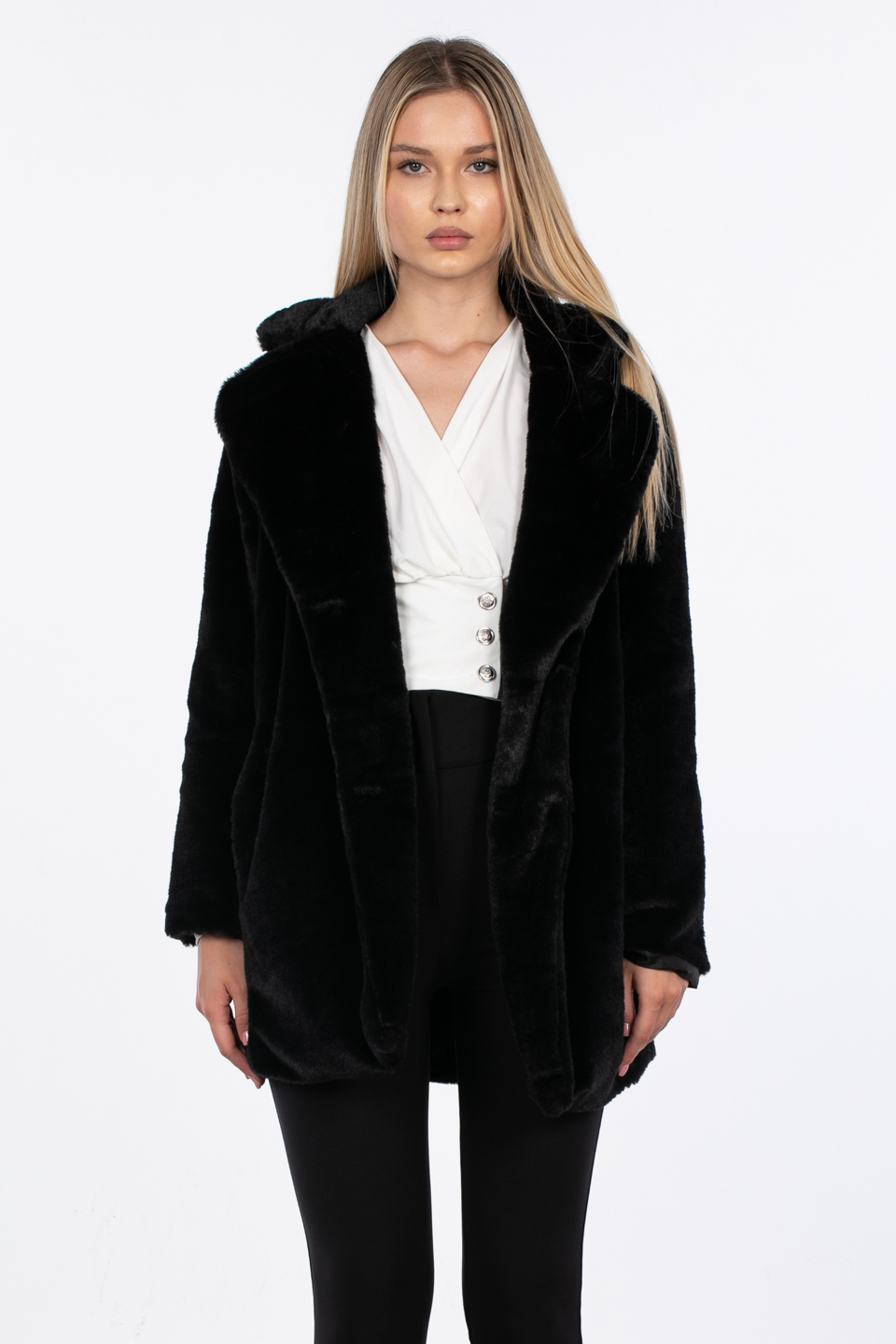 Kruvaze yaka peluş mont-2164 Siyah