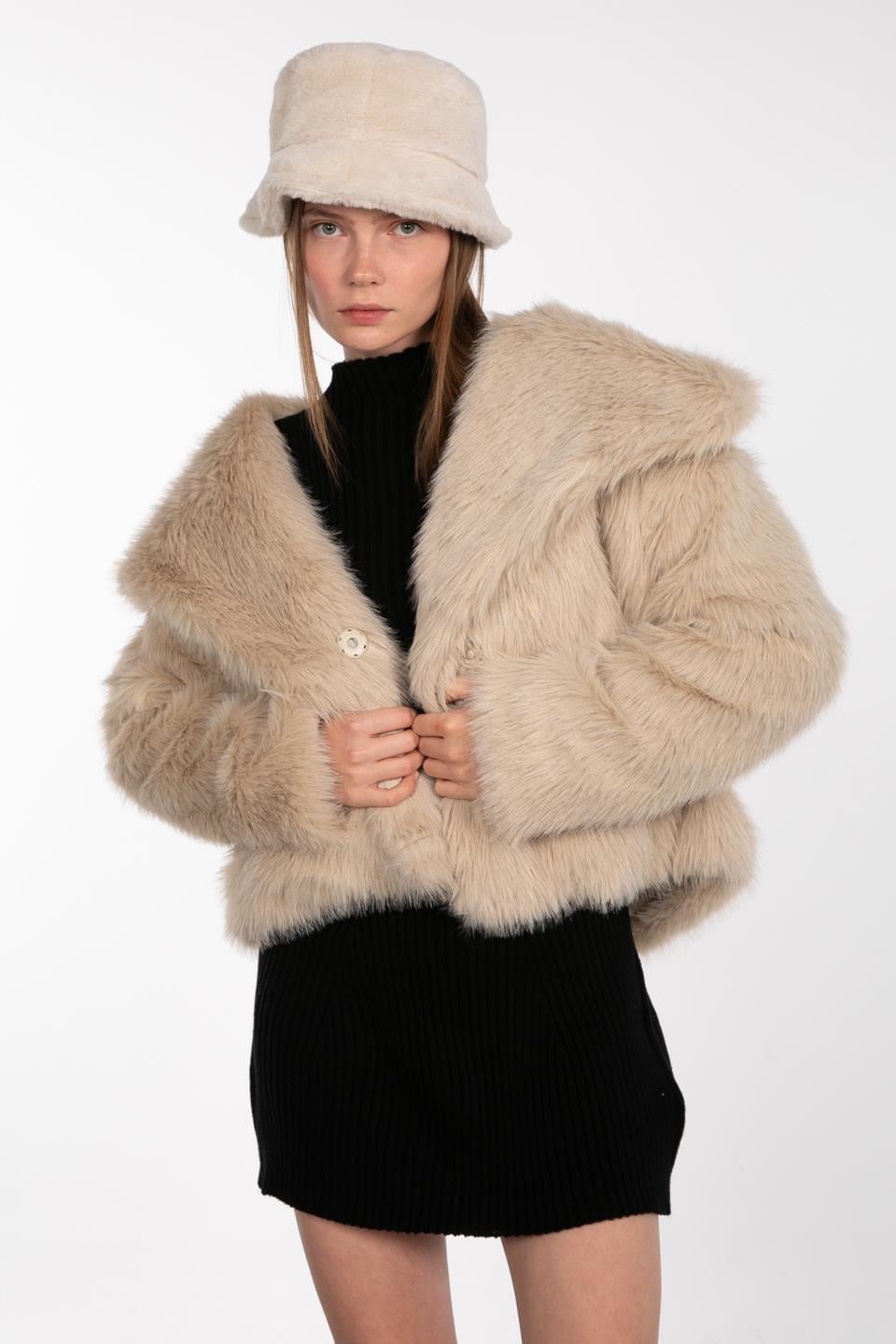 Kruvaze yaka peluş mont-23-273 Taş