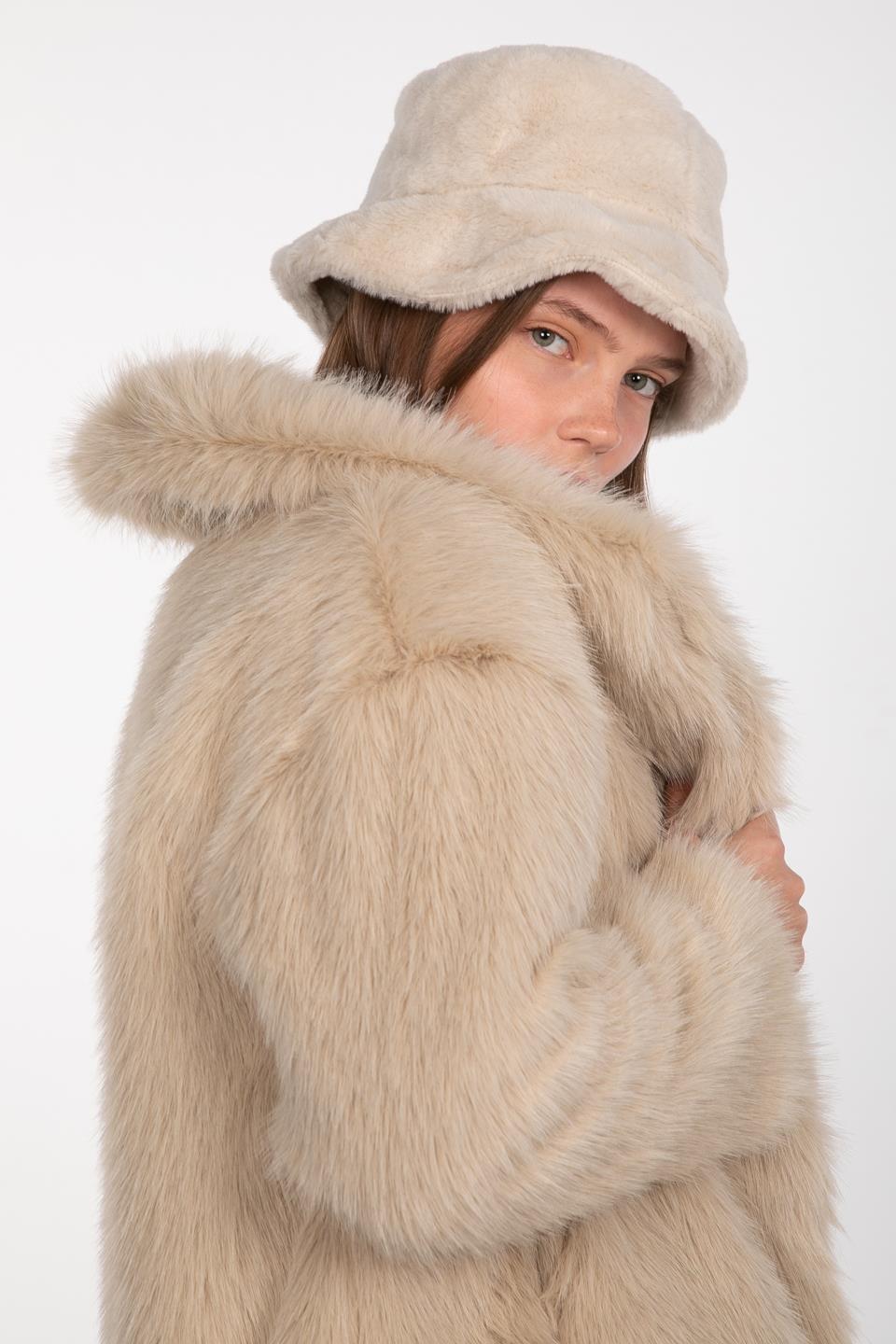 Kruvaze yaka peluş mont-23-273 Taş