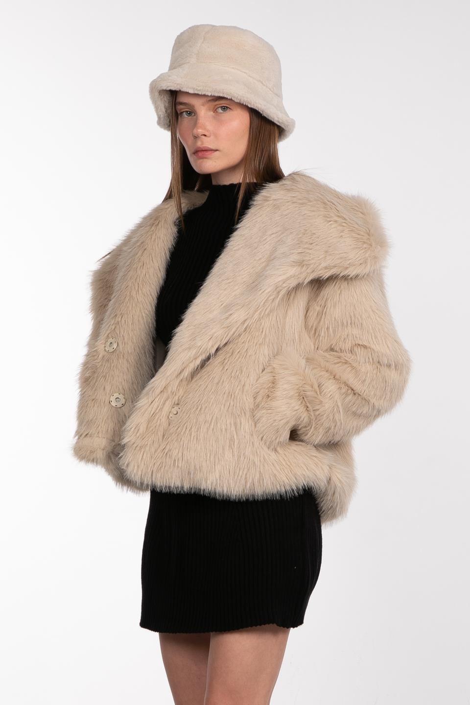 Kruvaze yaka peluş mont-23-273 Taş