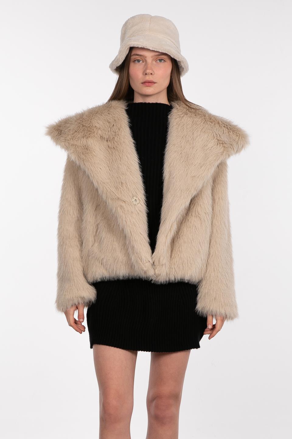 Kruvaze yaka peluş mont-23-273 Taş