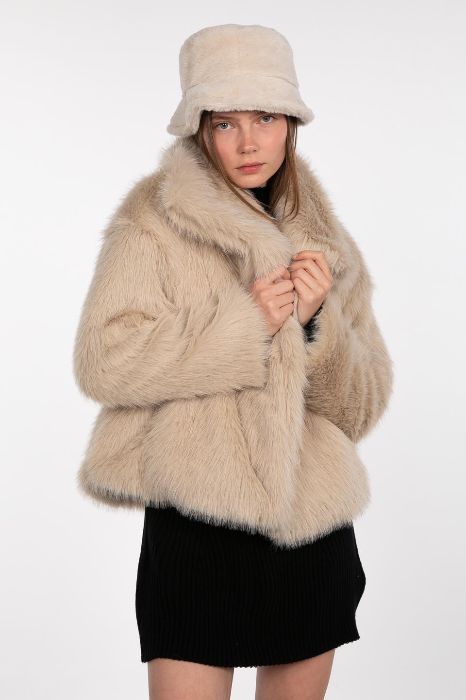 Kruvaze yaka peluş mont-23-273 Taş