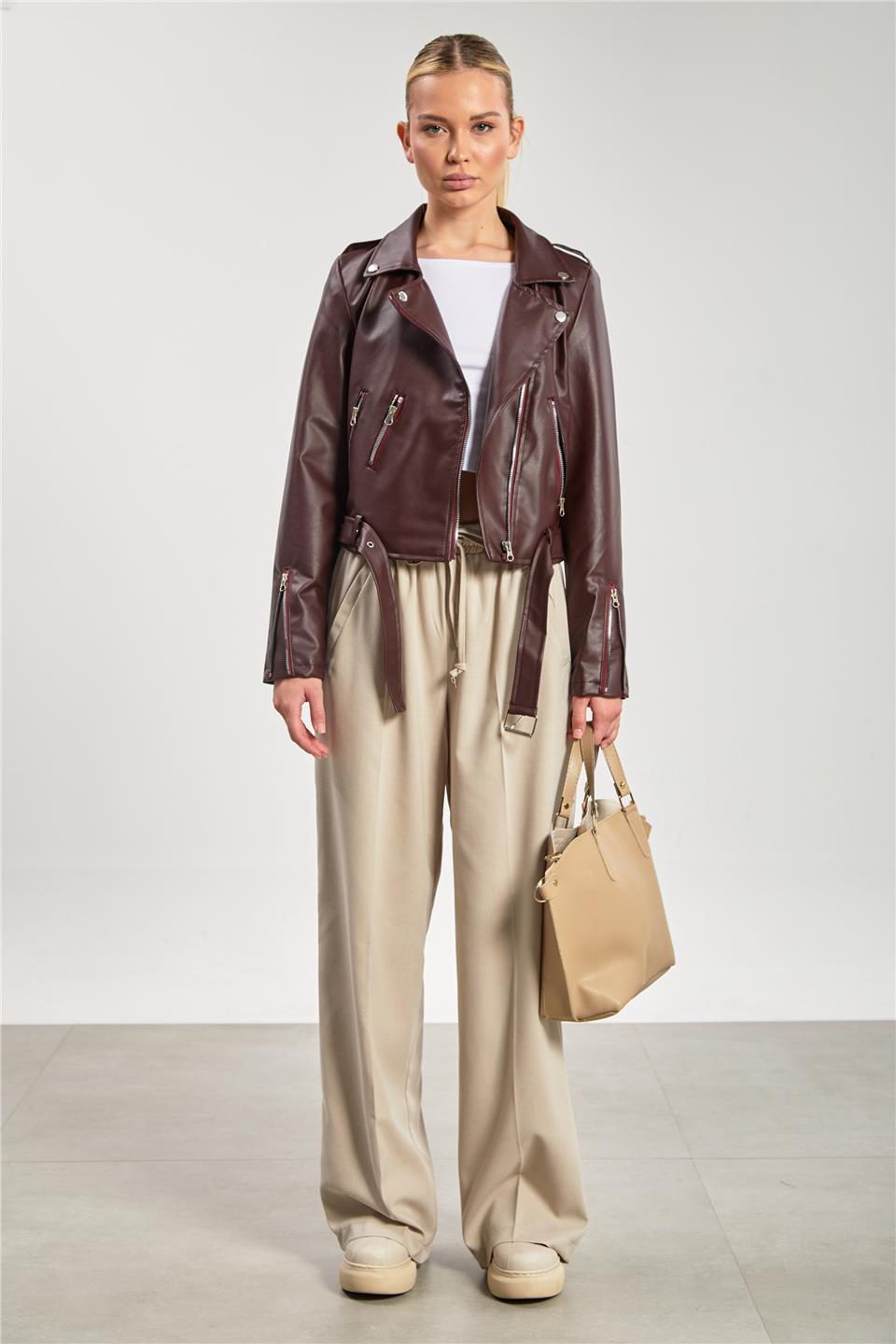 Kruvaze yaka suni deri mont-2061 Bordo