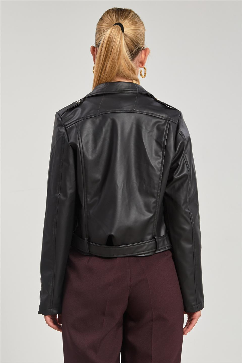 Kruvaze yaka suni deri mont-2061 Siyah