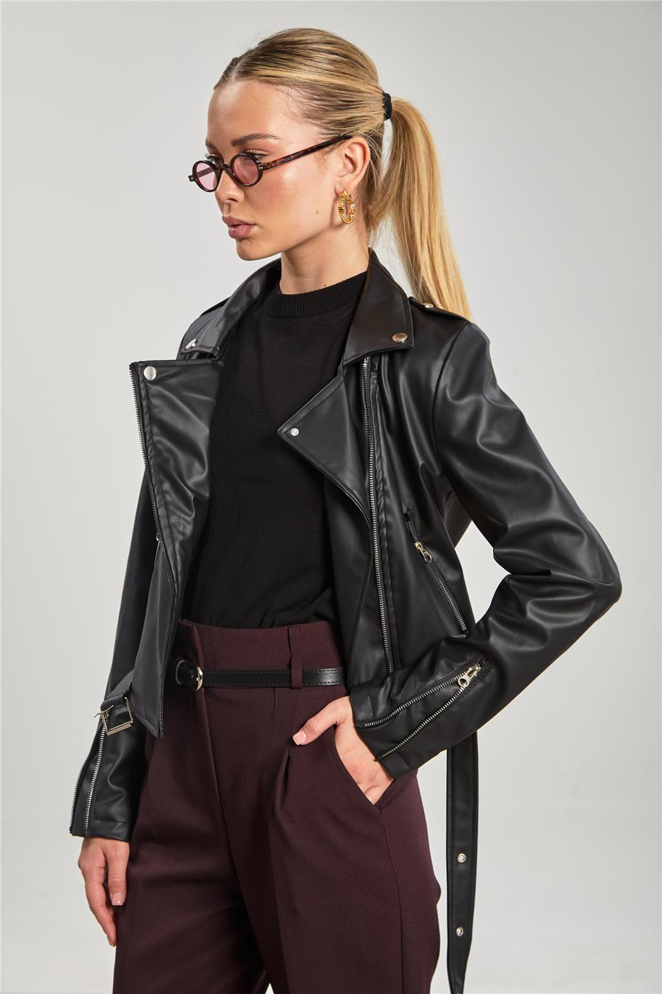 Kruvaze yaka suni deri mont-2061 Siyah