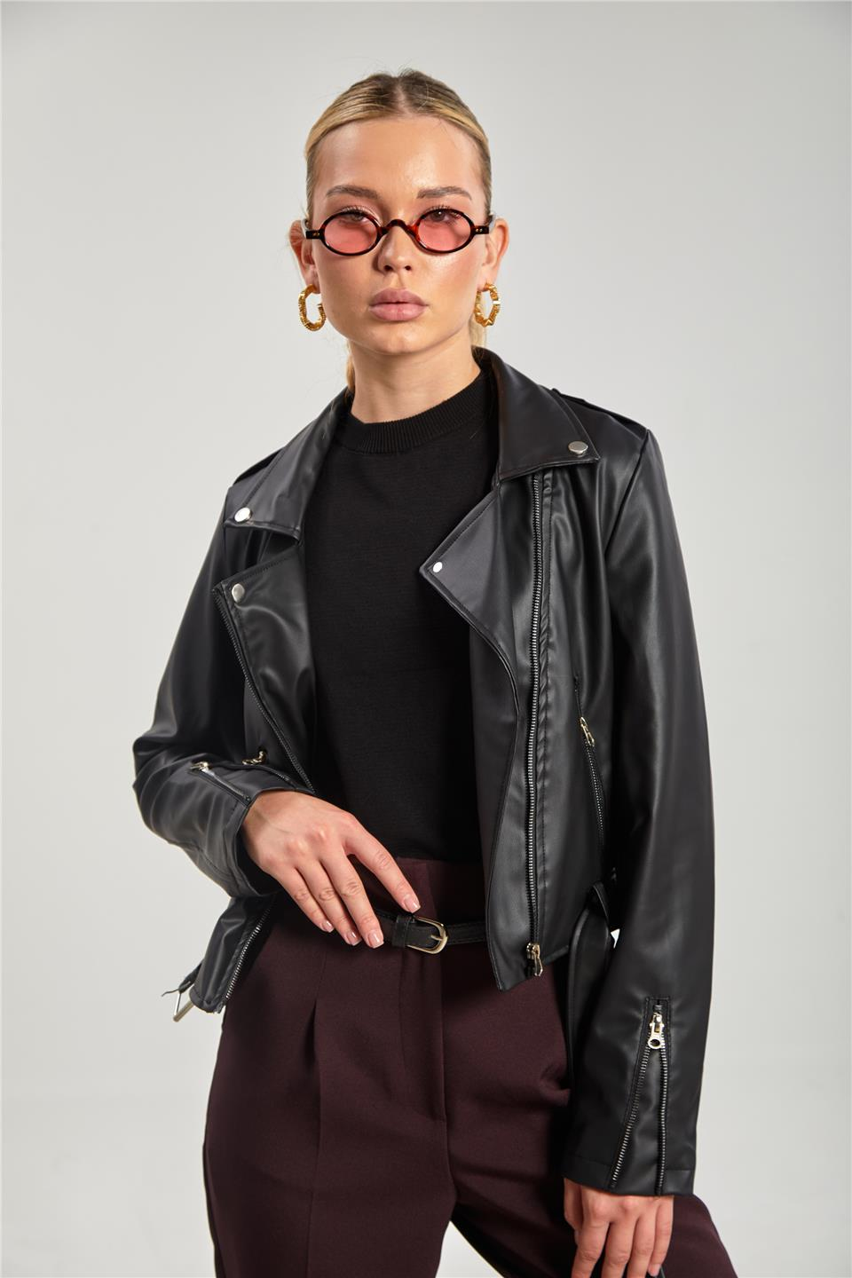 Kruvaze yaka suni deri mont-2061 Siyah