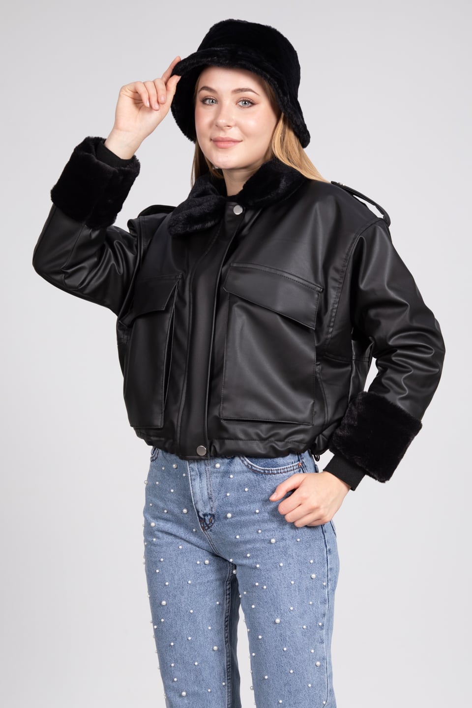 Kürk detaylı deri görünümlü mont-2265 Siyah