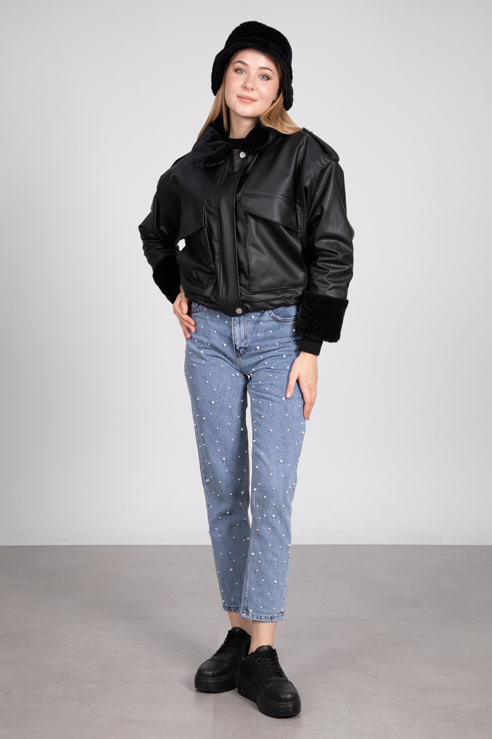 Kürk detaylı deri görünümlü mont-2265 Siyah