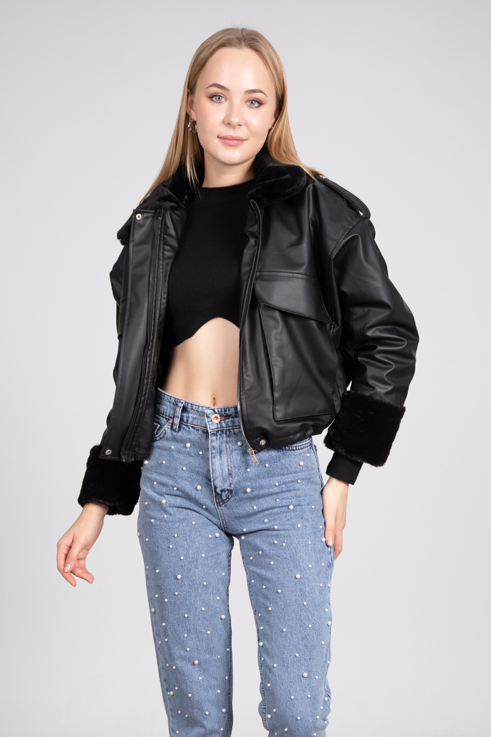 Kürk detaylı deri görünümlü mont-2265 Siyah