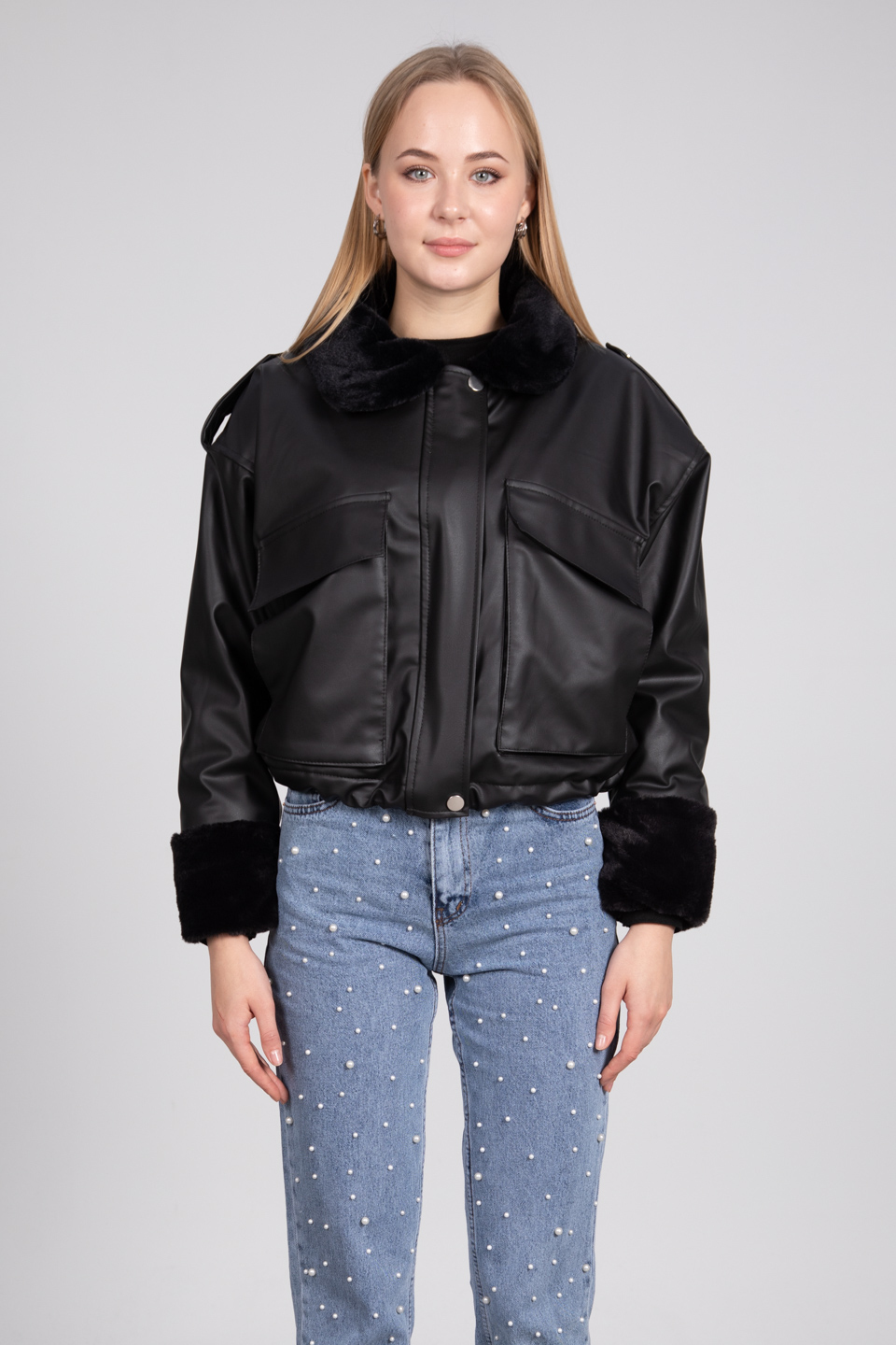 Kürk detaylı deri görünümlü mont-2265 Siyah