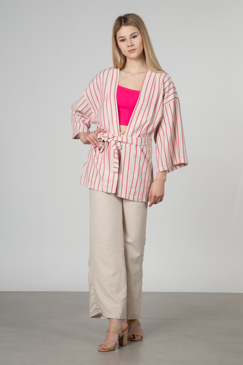 Kuşaklı kimono-35-6683 Fuşya