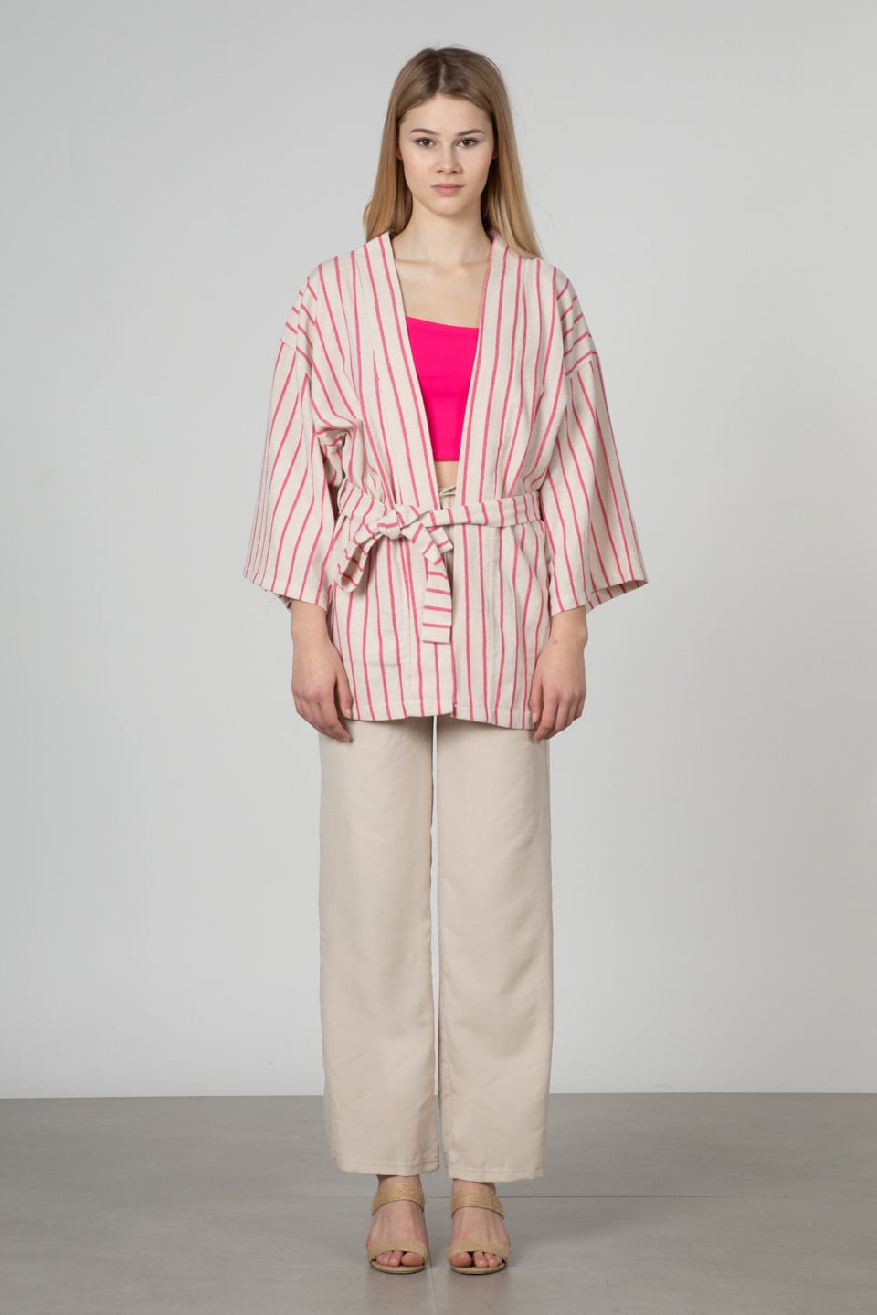 Kuşaklı kimono-35-6683 Fuşya