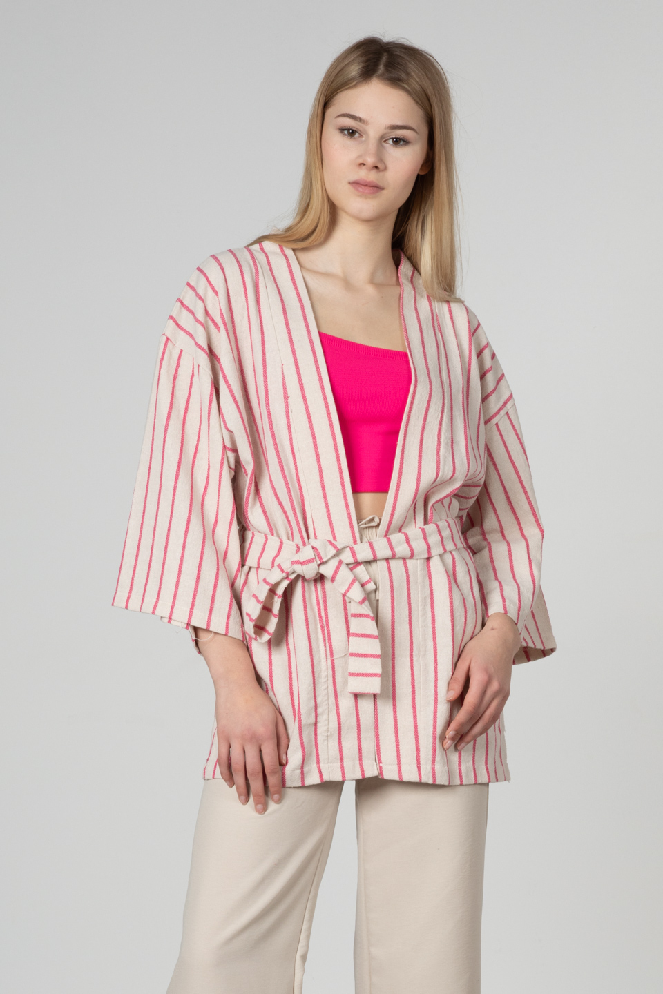 Kuşaklı kimono-35-6683 Fuşya