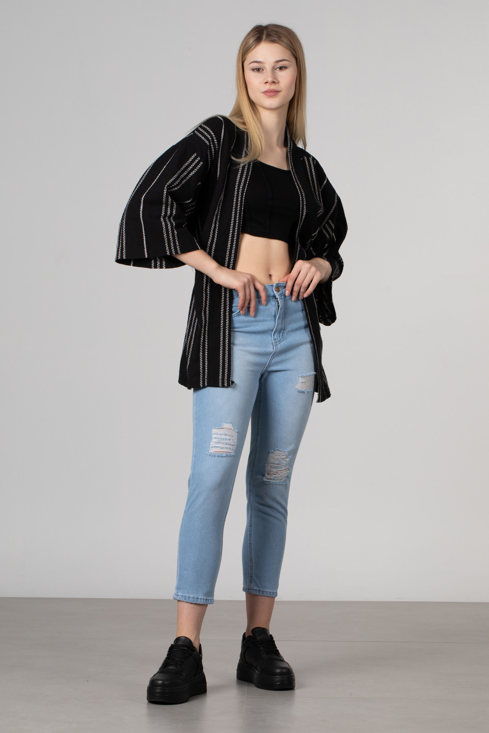 Kuşaklı kimono-35-6683 Siyah