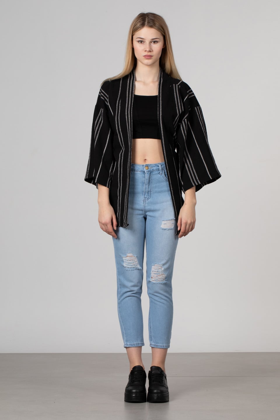 Kuşaklı kimono-35-6683 Siyah