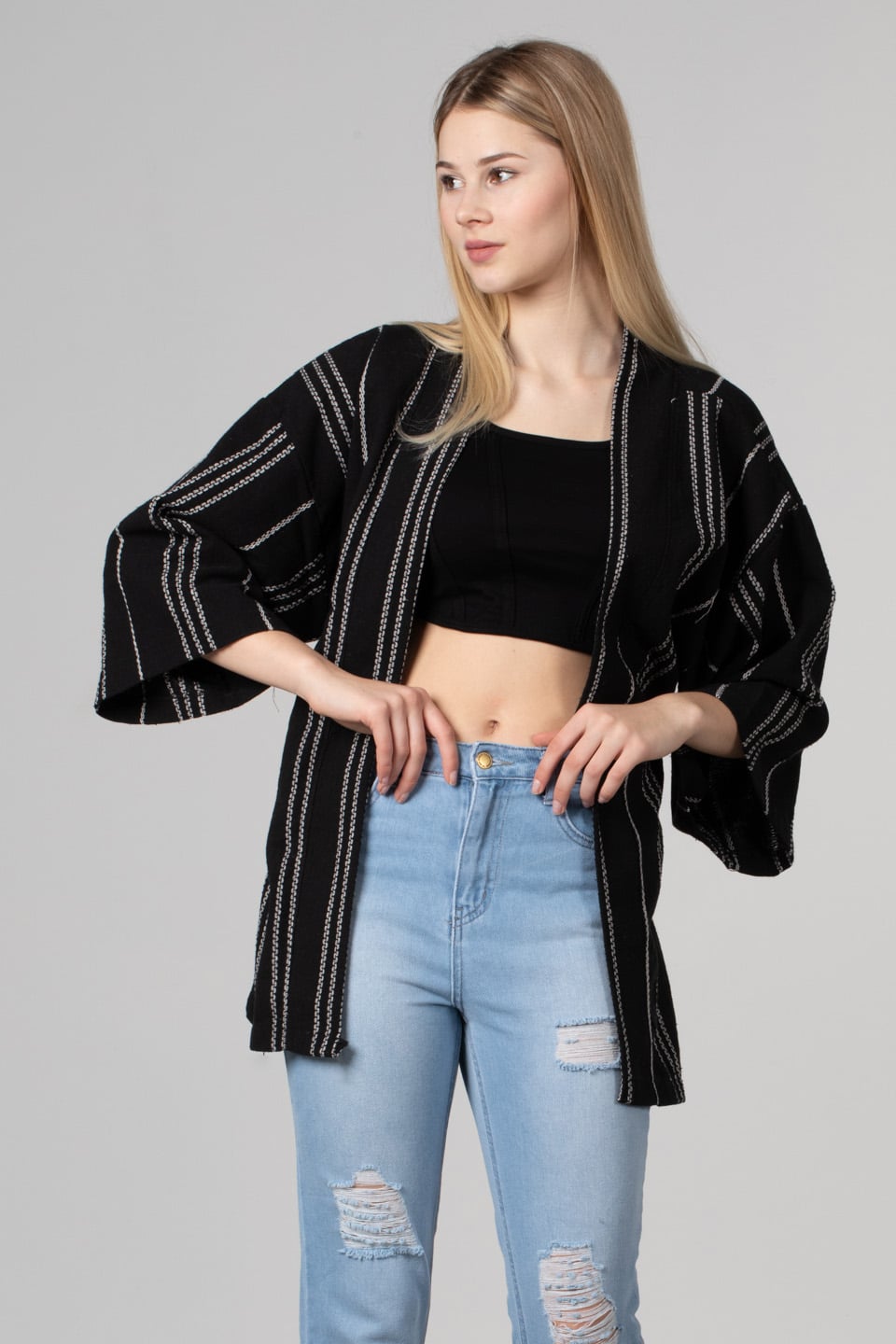 Kuşaklı kimono-35-6683 Siyah