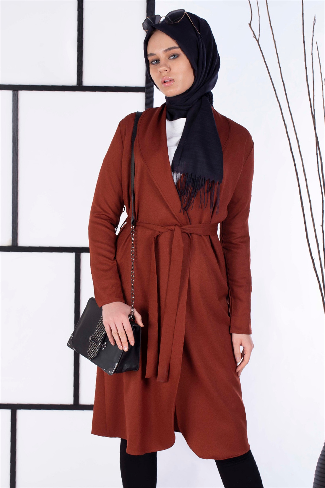 Kuşaklı Uzun Ceket-Kiremit