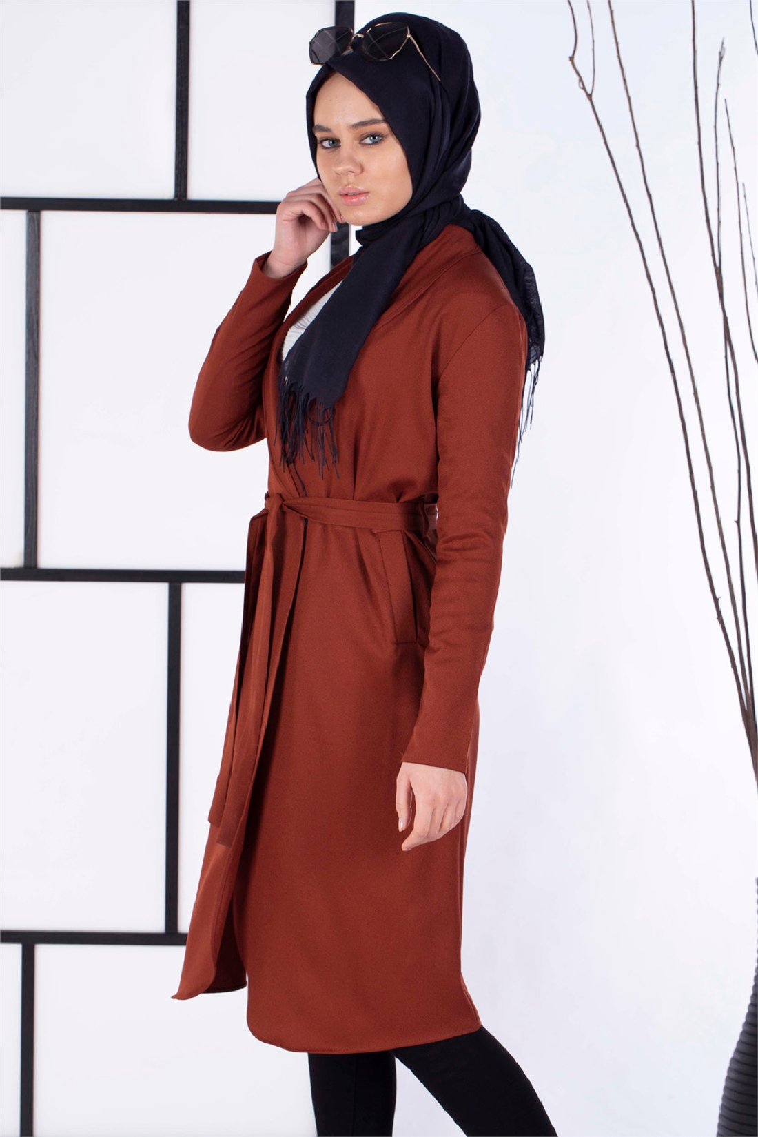 Kuşaklı Uzun Ceket-Kiremit