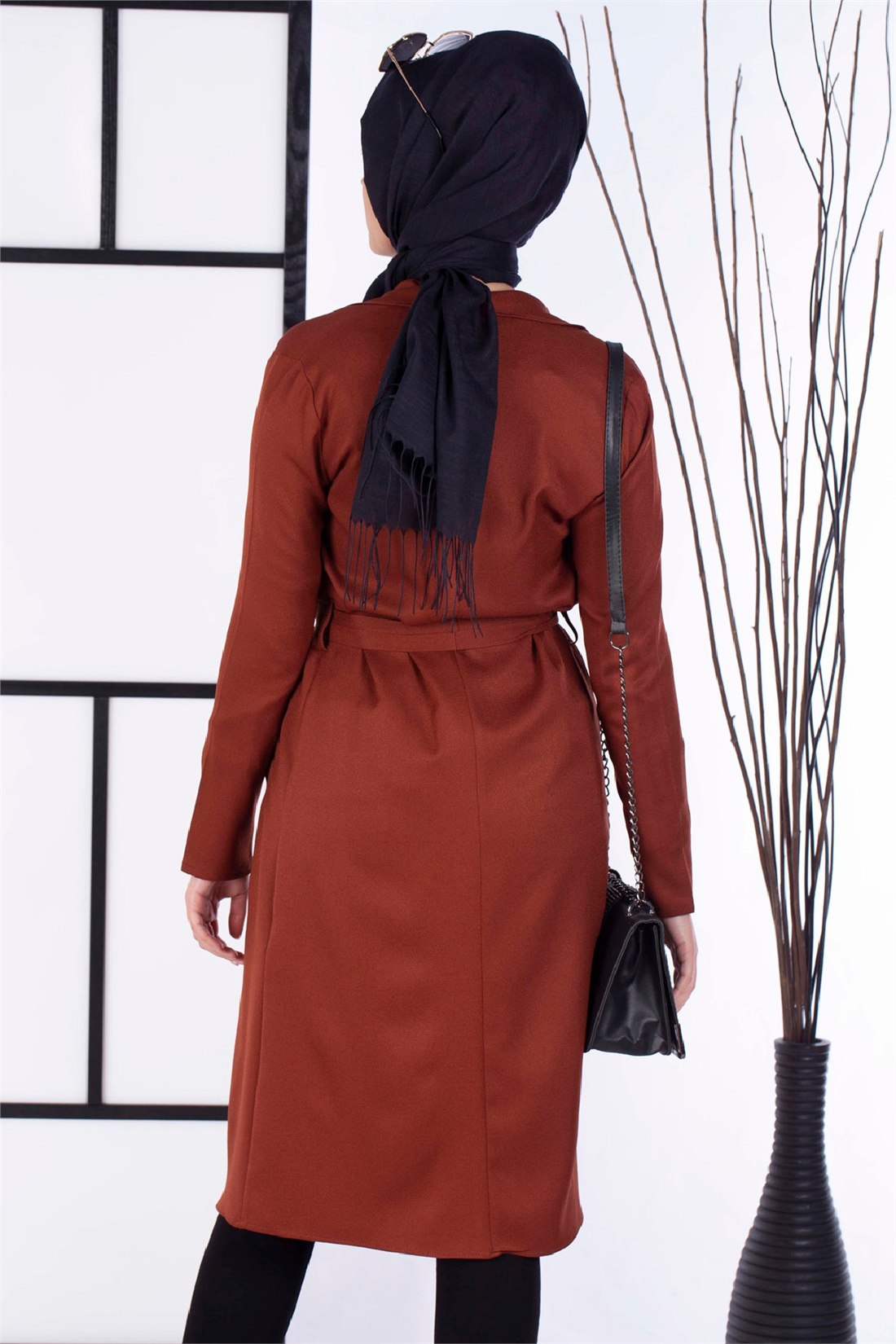 Kuşaklı Uzun Ceket-Kiremit