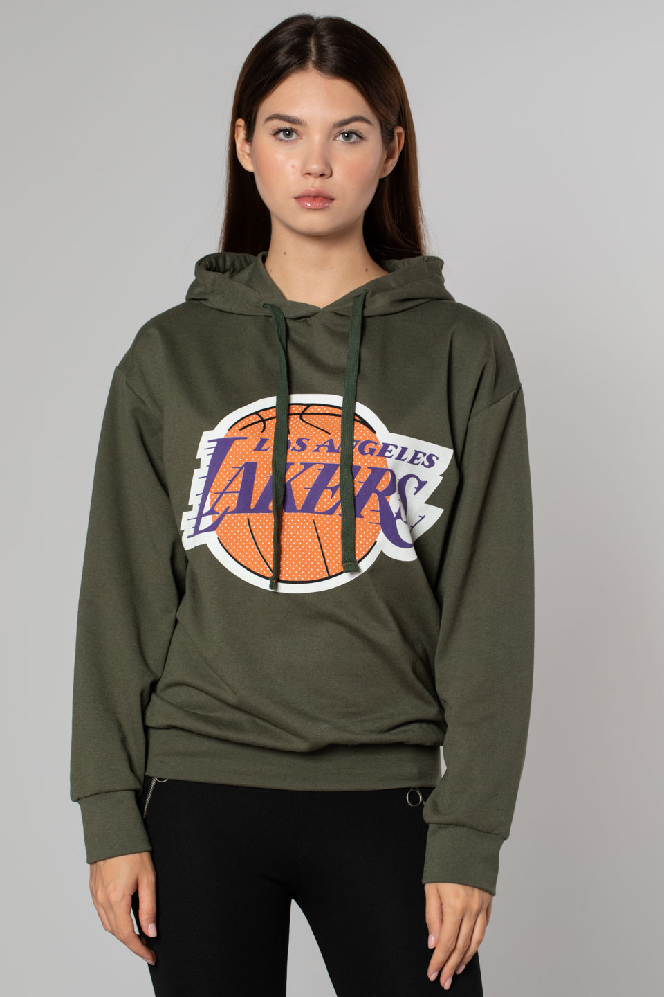 Lakers Baskılı Over Size Sweatshirt-Haki