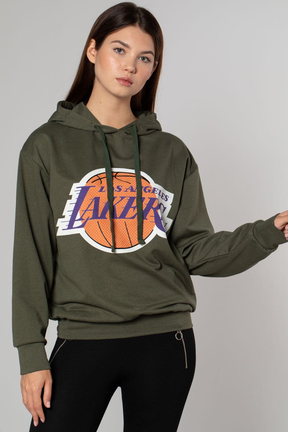 Lakers Baskılı Over Size Sweatshirt-Haki