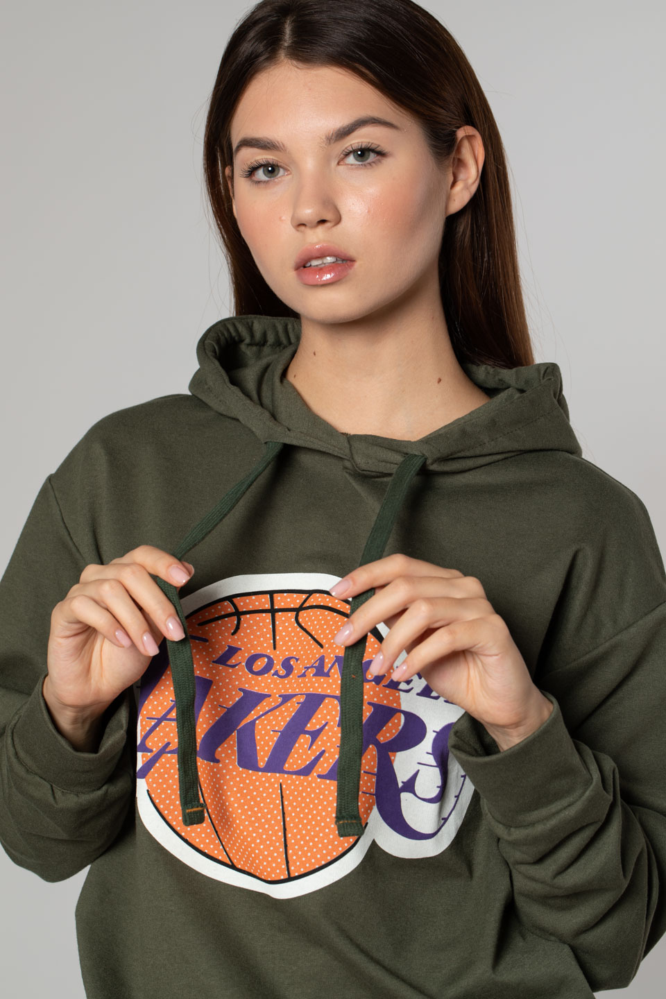 Lakers Baskılı Over Size Sweatshirt-Haki