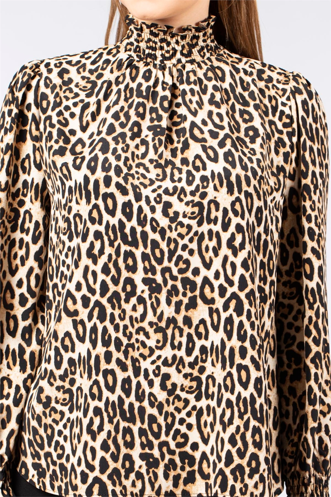 Leopar Desen Gipeli Bluz-Kahve