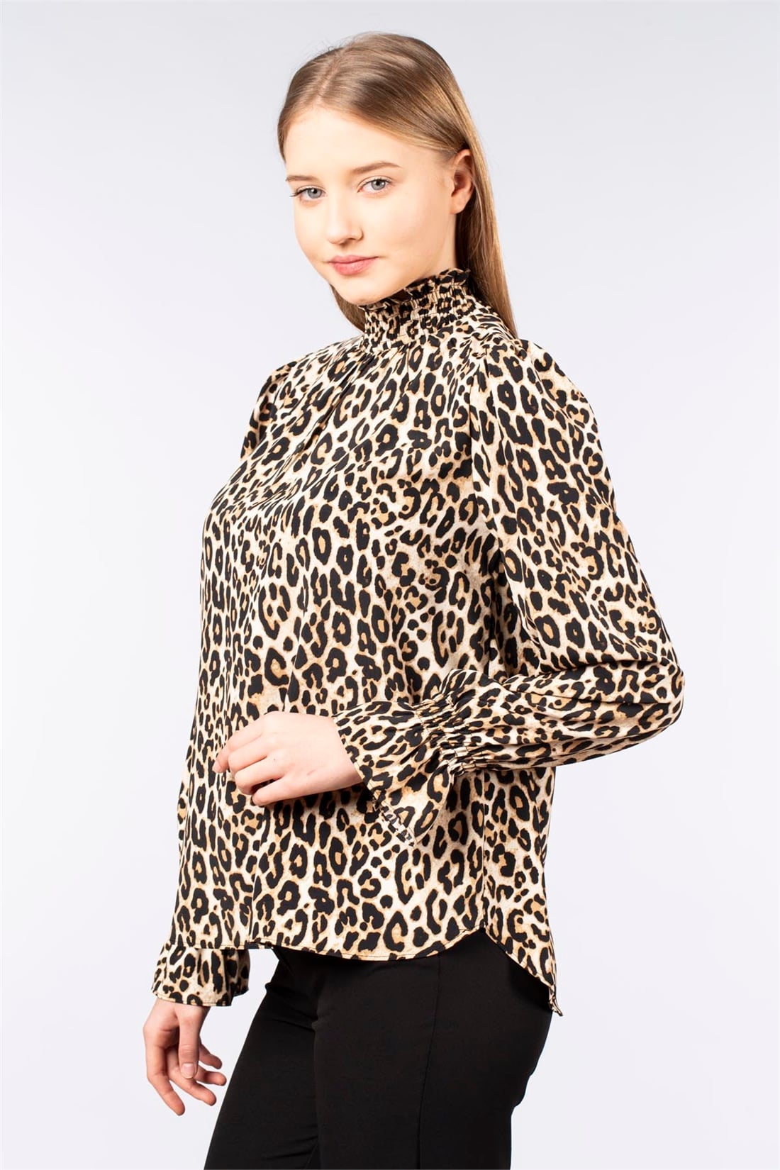 Leopar Desen Gipeli Bluz-Kahve