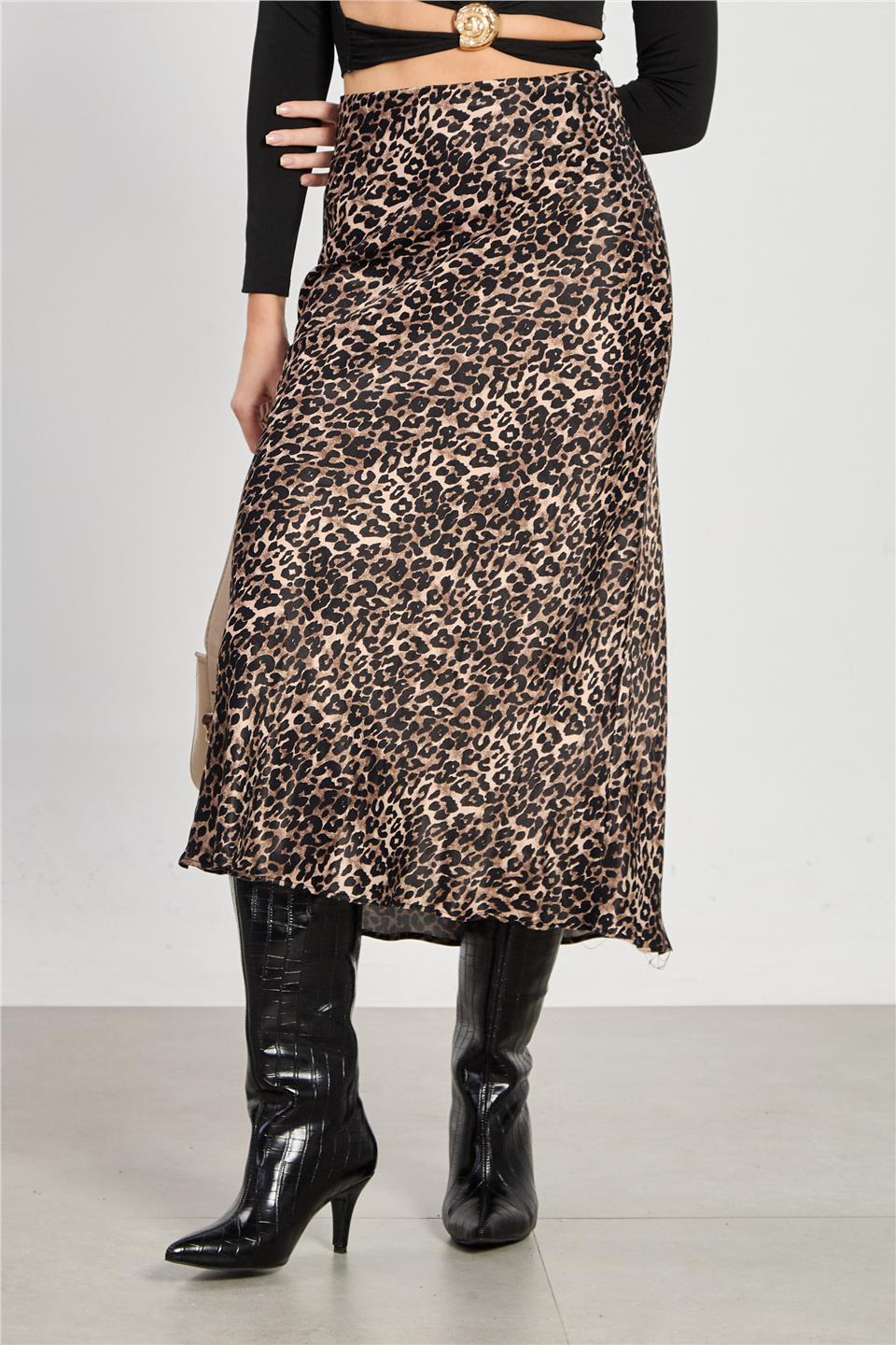 Leopar desen midi etek-1408 Kahve