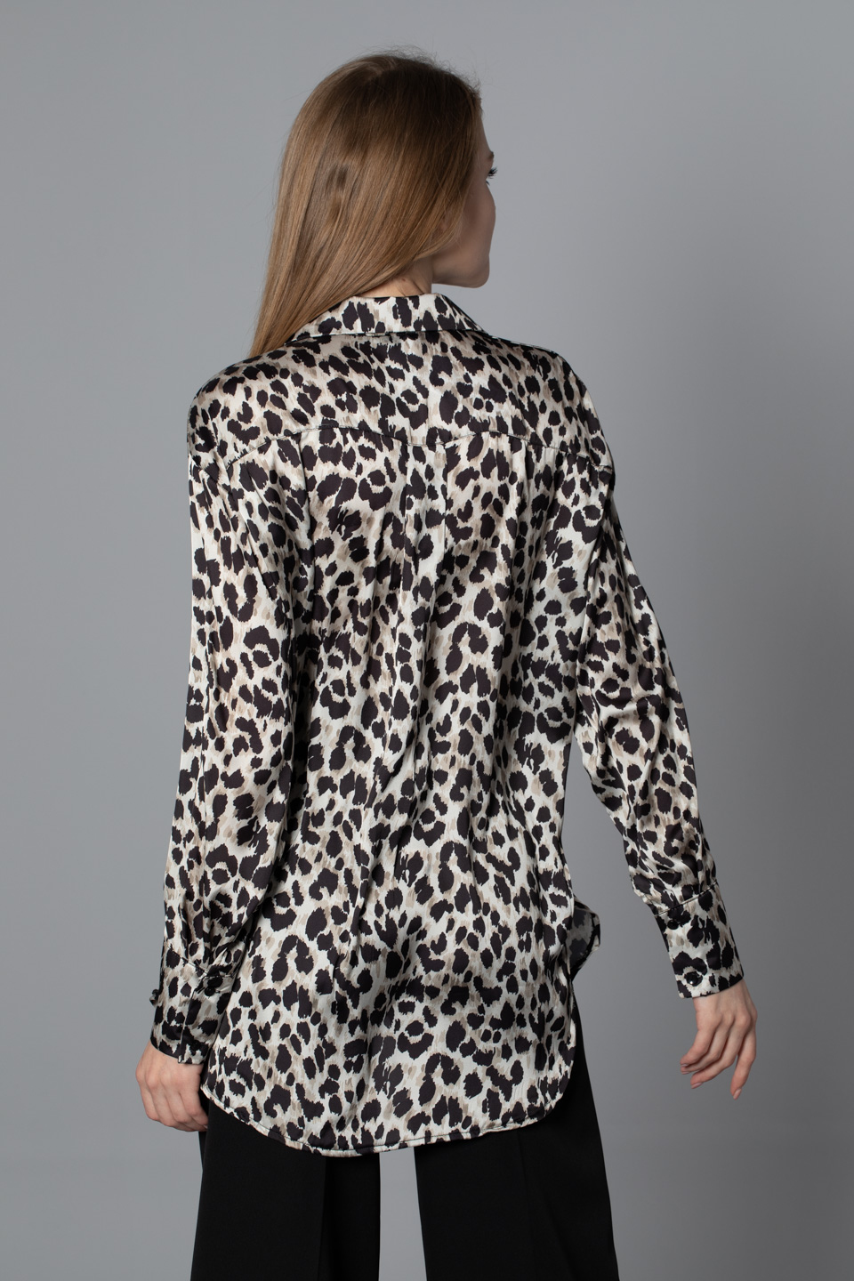 Leopar Desen Saten Gömlek - Kahve