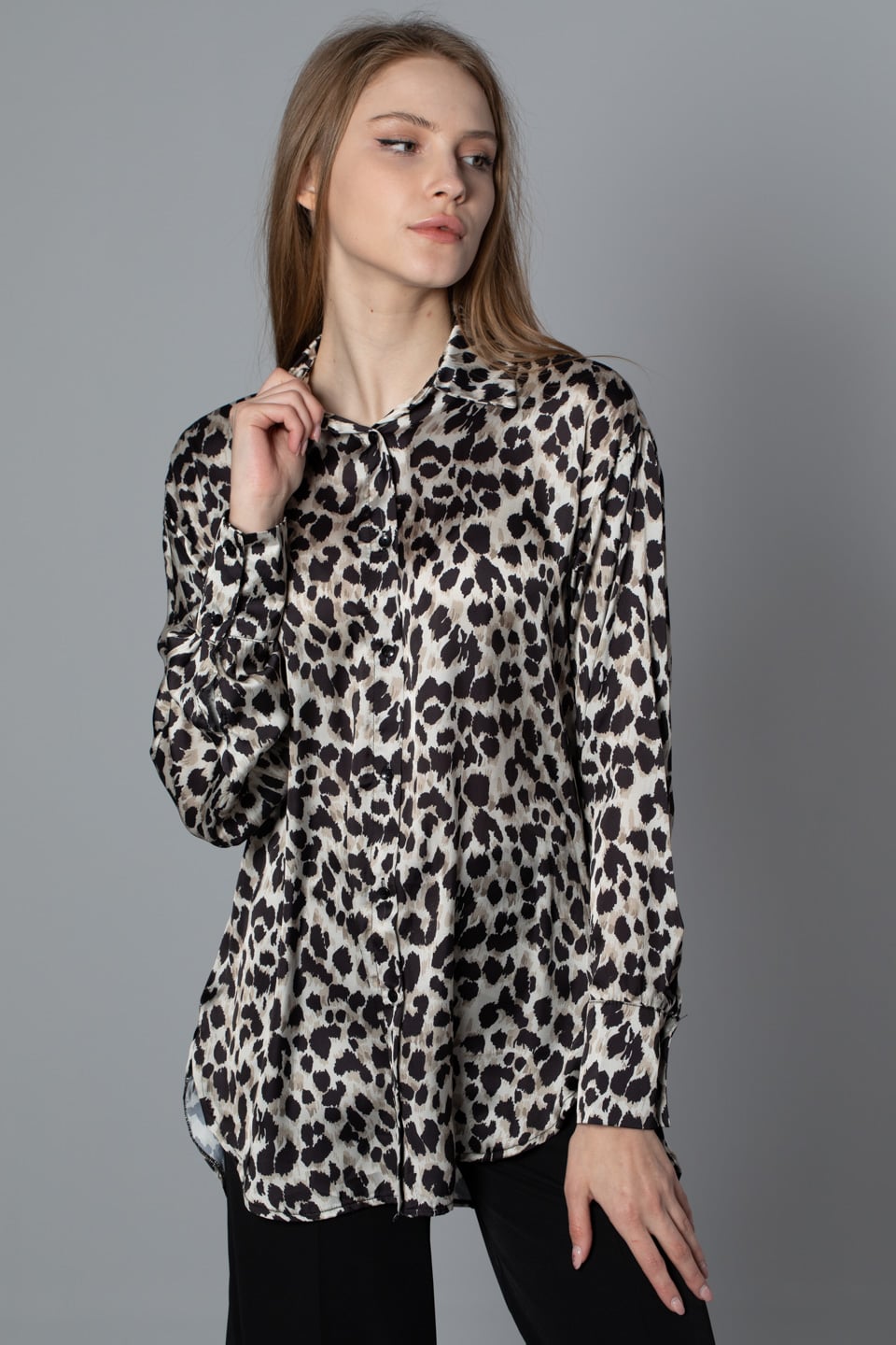 Leopar Desen Saten Gömlek - Kahve