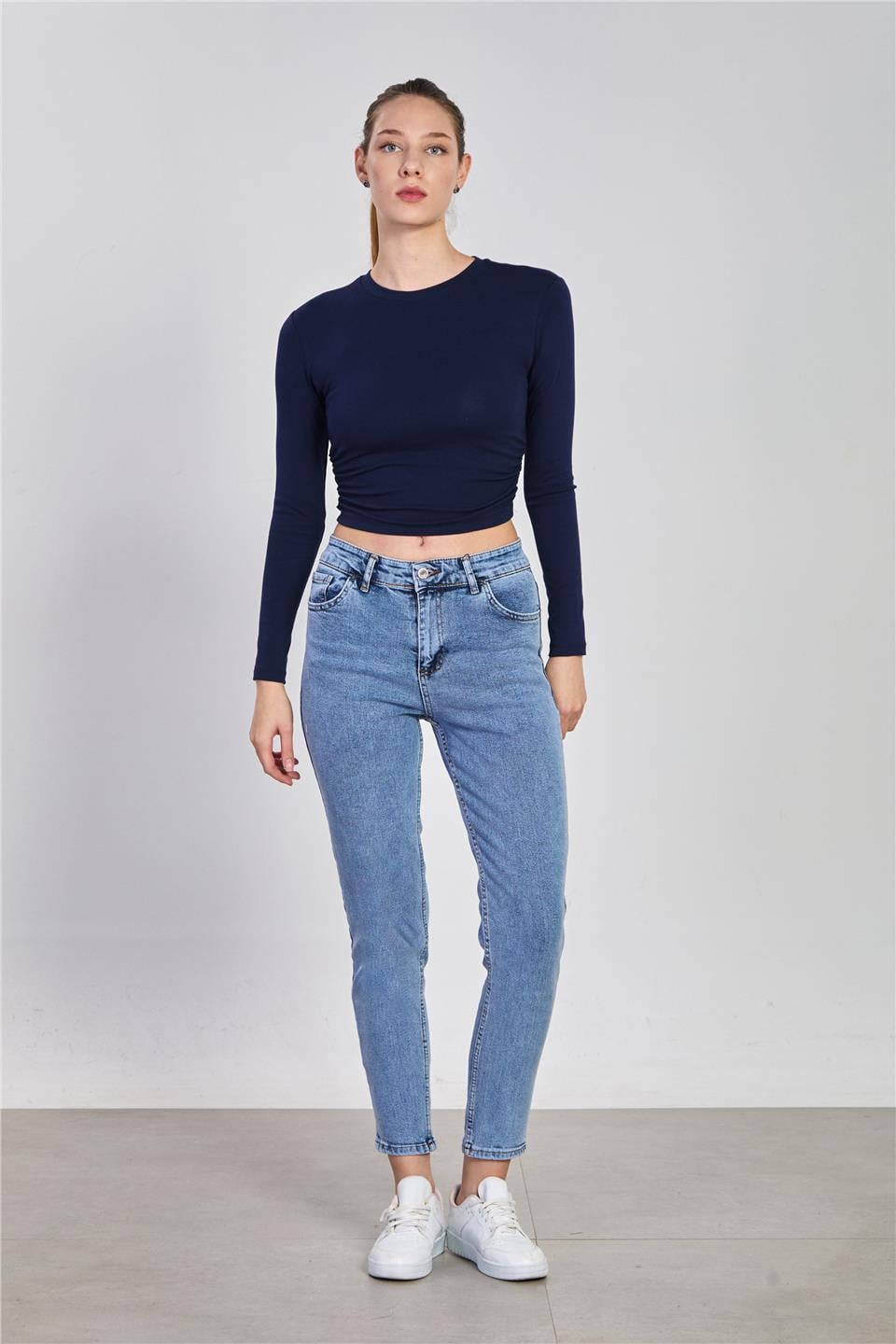 Likralı mom jean pantolon-7021 Mavi Kar