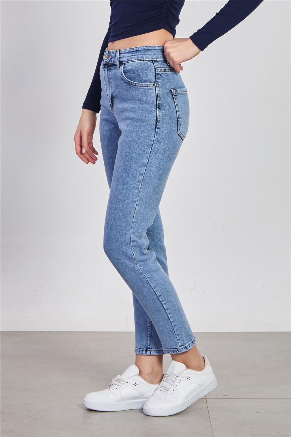 Likralı mom jean pantolon-7021 Mavi Kar