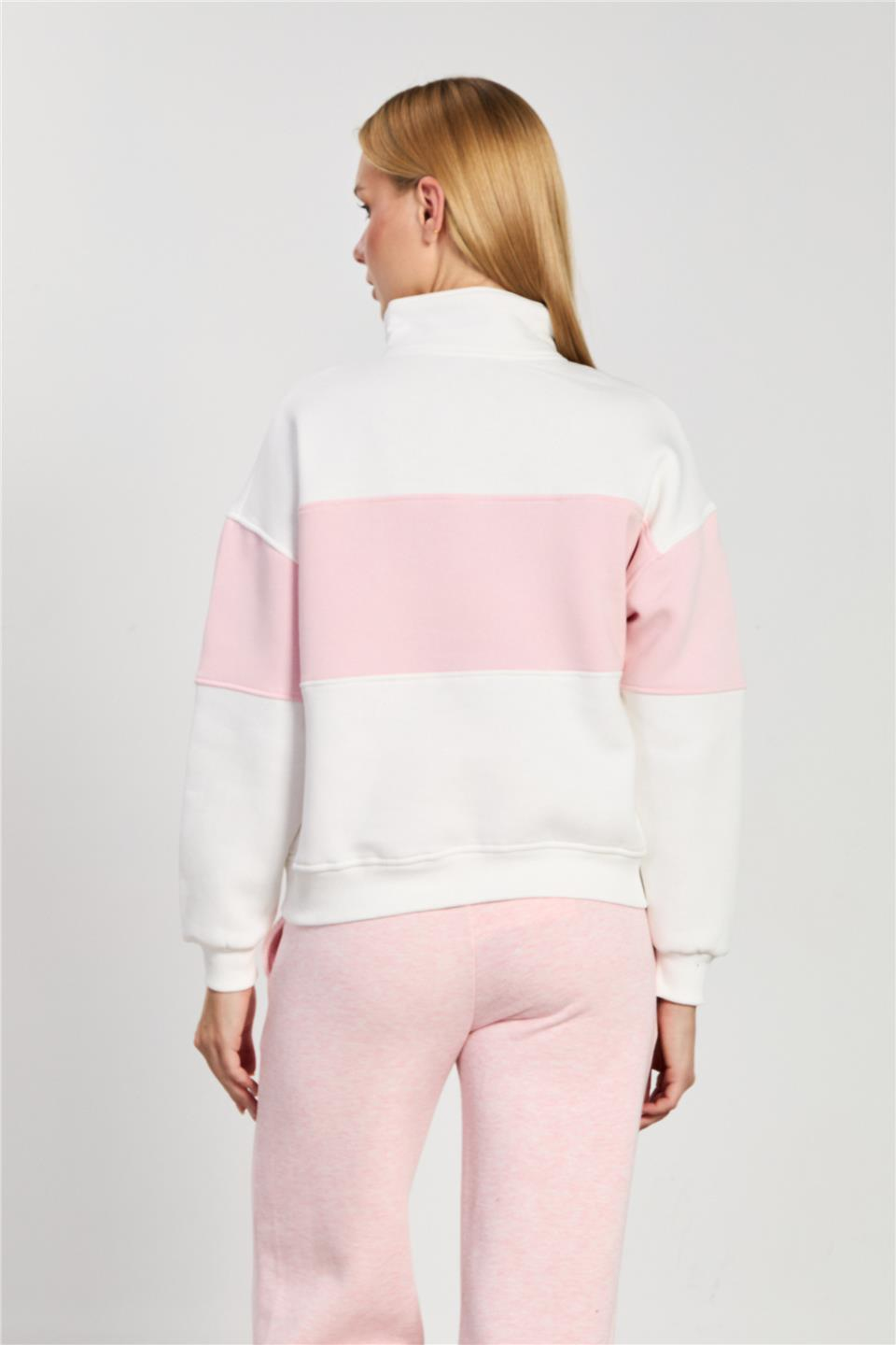 Los Angeles yazılı garnili sweatshirt-5789 Ekru/Pembe