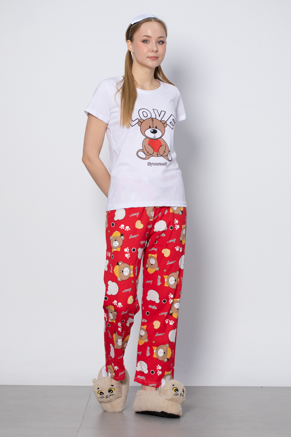 Love ayı baskılı pijama takım-2030 Kırmızı