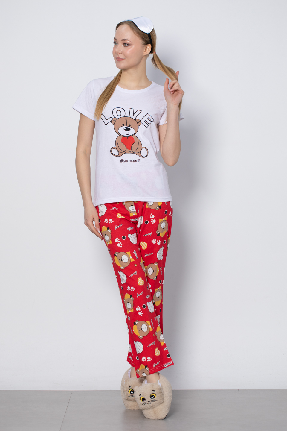 Love ayı baskılı pijama takım-2030 Kırmızı