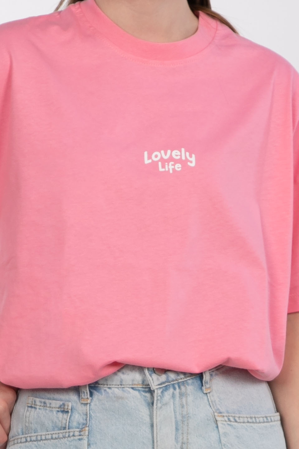Lovely lıfe baskılı bisiklet yaka t-shirt-83-947 Pembe