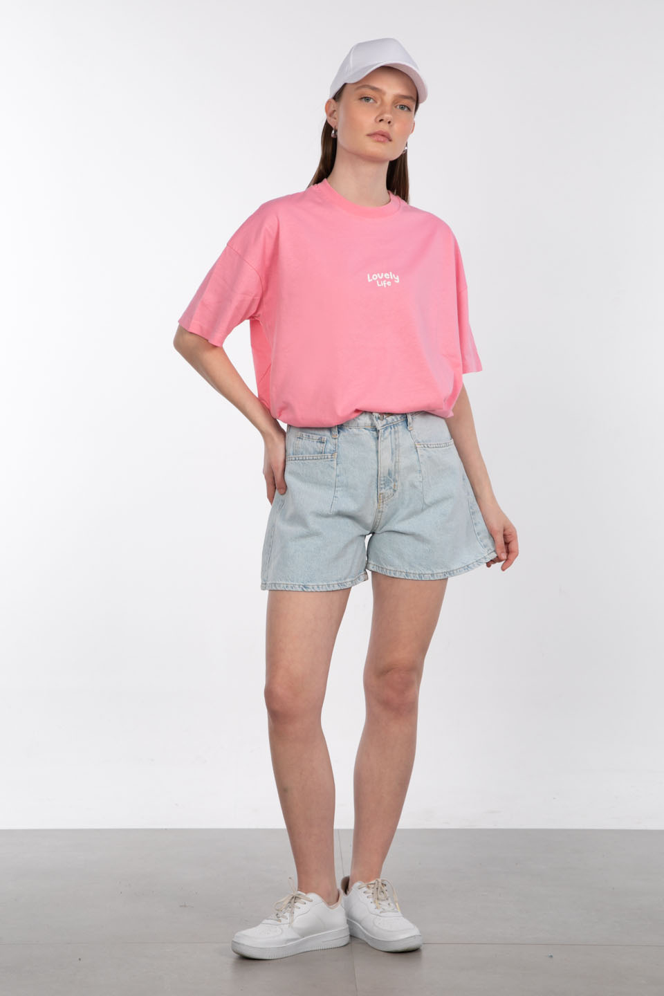 Lovely lıfe baskılı bisiklet yaka t-shirt-83-947 Pembe