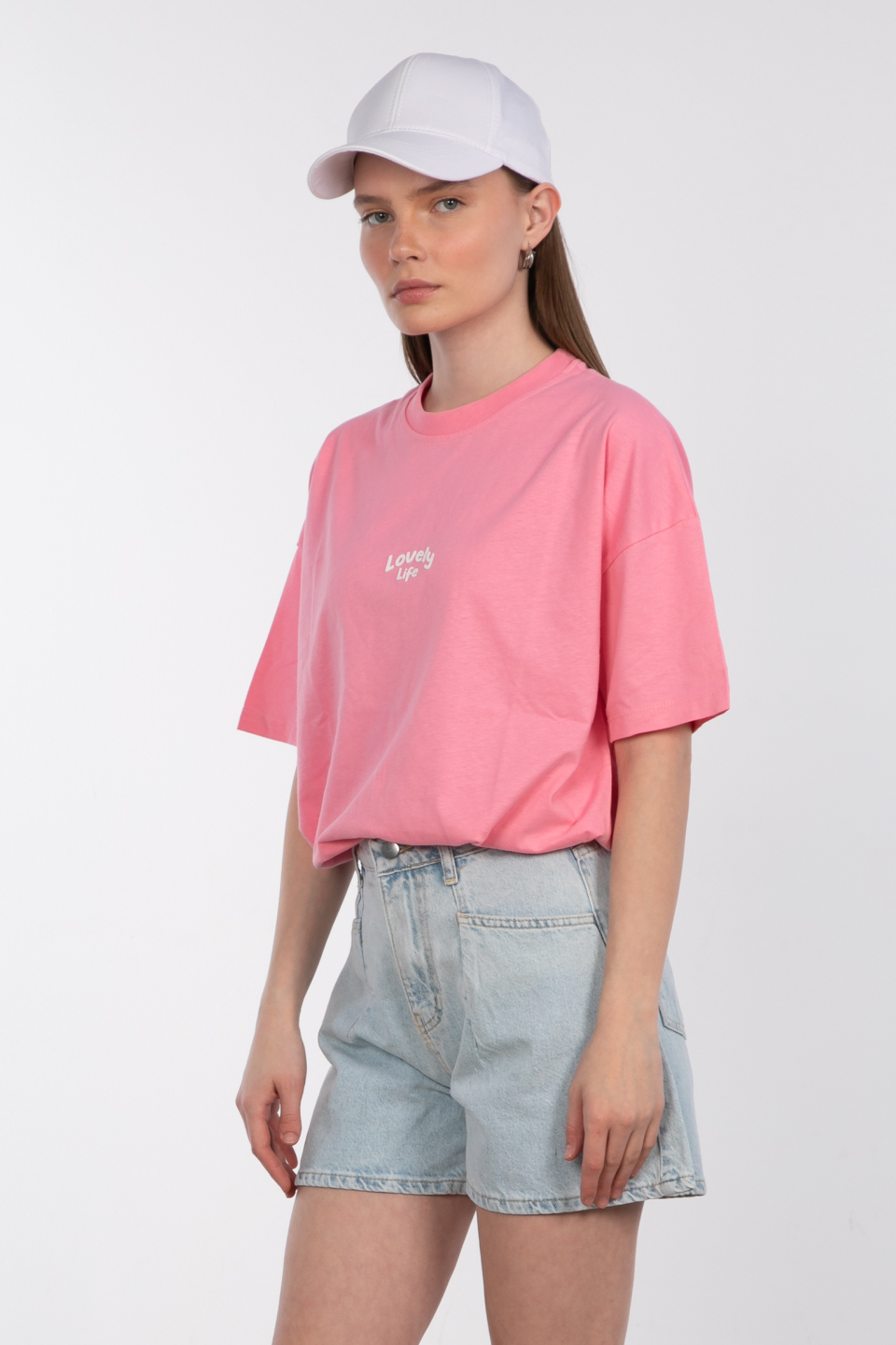 Lovely lıfe baskılı bisiklet yaka t-shirt-83-947 Pembe