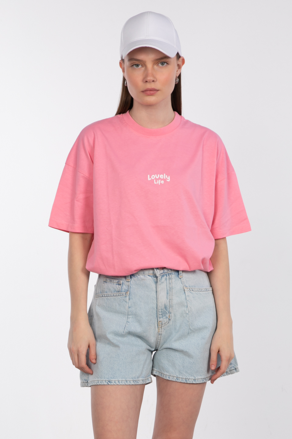 Lovely lıfe baskılı bisiklet yaka t-shirt-83-947 Pembe