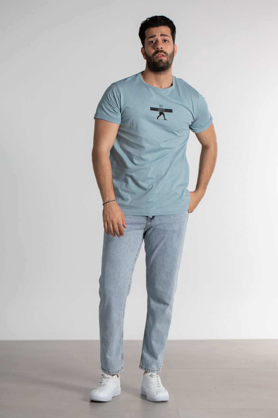 Man baskılı double kol t-shırt-2102 S.Blue