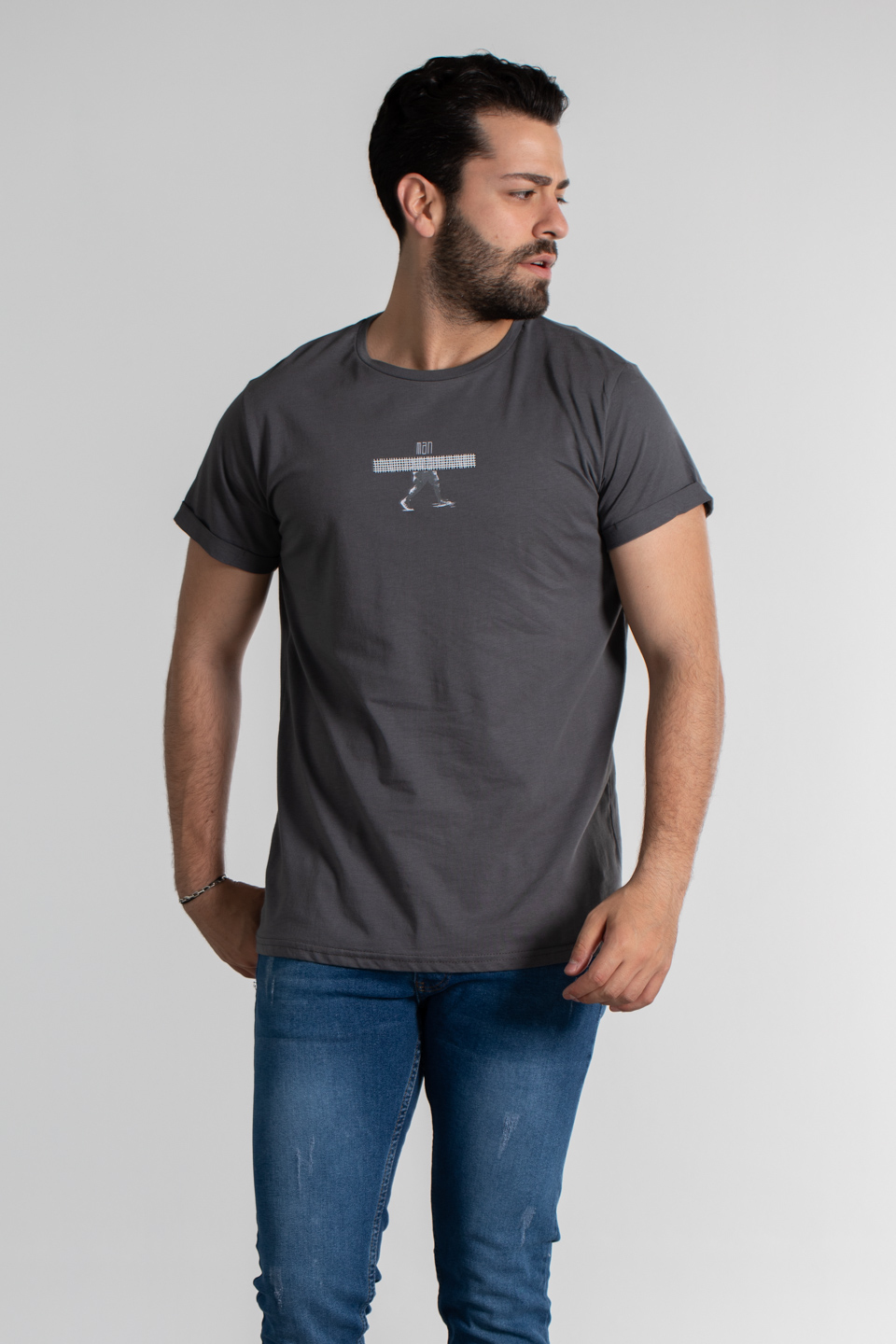 Man baskılı double kol t-shırt-2108-1 Füme