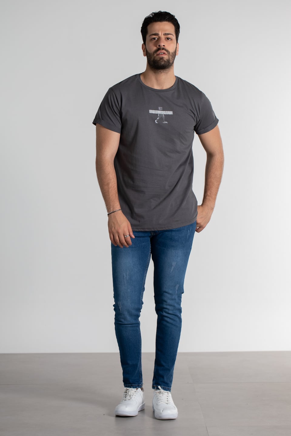 Man baskılı double kol t-shırt-2108-1 Füme